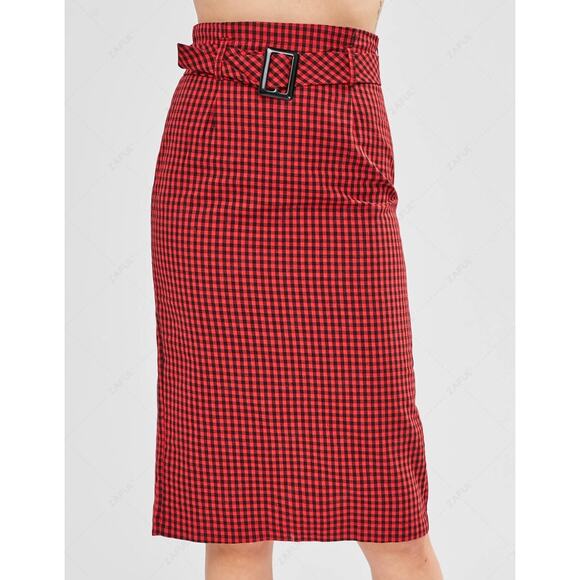 zara TRF high waisted red black gingham plaid button midi skirt Size S - Picture 8 of 9